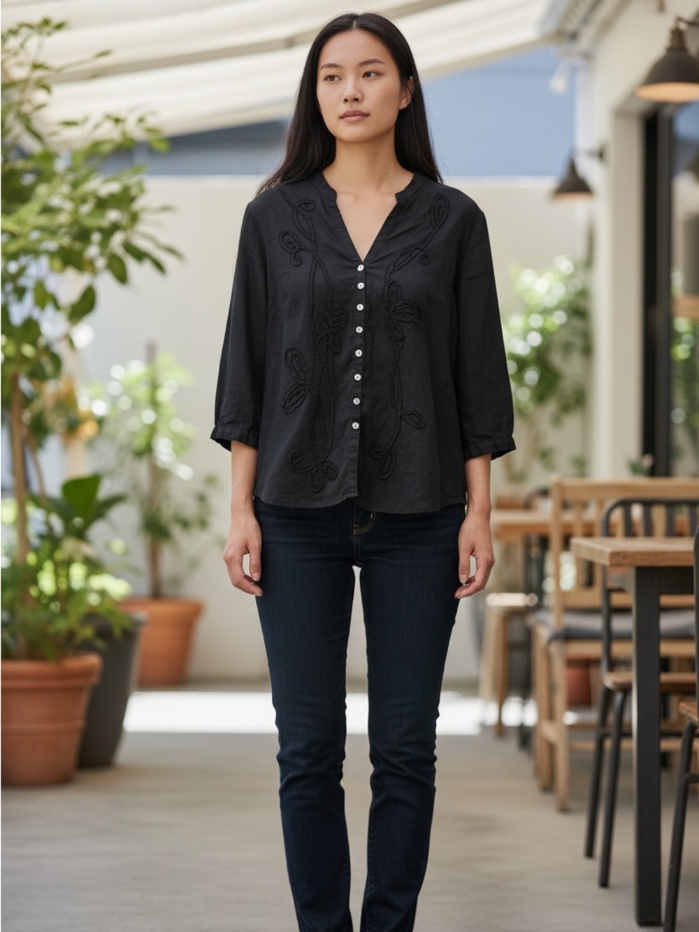 Women's Black Embroidered Button-Front Shirt